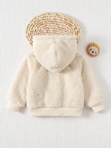 SHEIN 新生兒可愛休閒百搭毛茸茸泰迪熊圖案連帽外套 - 杏色 - 查看 2