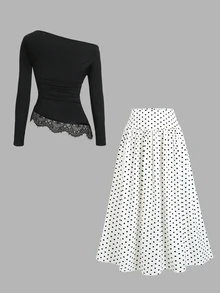 SHEIN EZwear Fashionable Asymmetrical Shoulder Lace Patchwork Top With Polka Dot Skirt Elegant Commute Two Pieces Set - Black and White - View 2