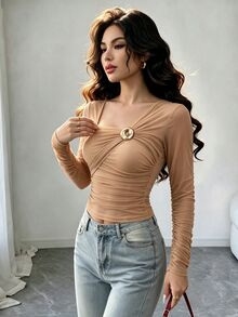 SHEIN Raffinéa Women's Spring/Autumn Mesh Asymmetrical Collar Shawl Top With Metal Decor, Sheer Casual Holiday Streetwear Top - Brown - View 5