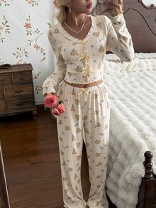 CottageSlumber Soft French Ditsy Floral Pajama Set, V-Neck Button Bow Long Sleeve Long Pants Loungewear - Yellow - View 6