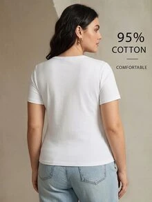 Anewsta Plus Size Women's Solid Color Metal Decor Casual Daily T-Shirt - White - View 2