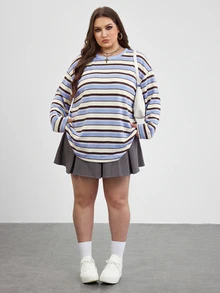 SHEIN CURVE+ 大尺碼 2026 秋季圓領露肩粉色寬鬆 1920s 80s 長版，冬季 22W 返校季 - 藍色 - 查看 7