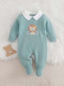 嬰兒新生兒卡通刺繡針織連身衣爬行服 - 綠色 - 查看 4