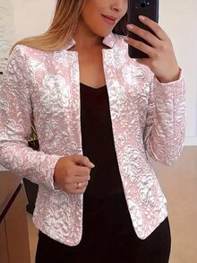 EMERY ROSE Women's Textured Jacquard Fabric Open Front Elegant Professional High-Aura Bohemian Street Style Photo-Ready Autumn Jacket, New Essential Fashion Piece, Niche Design Versatile Long Sleeve Regular Fit Outerwear - Pink - View 1