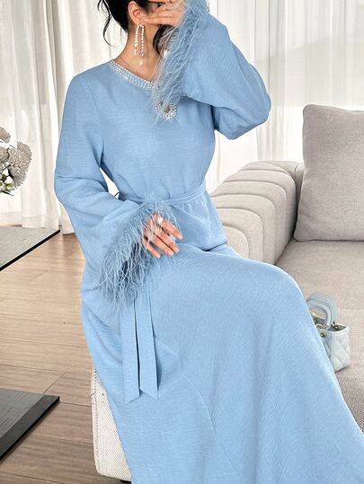 Yasmyna Spring Autumn Winter Gentle Elegant Fashion Versatile Waist-Cinching Slimming Beaded Tassel Fur Sleeve Women's Dress