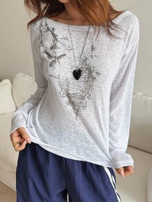 DAZY White Cold Shoulder Printed Pattern Loose Thin Long Sleeve Casual Y2k Daily Wear Contrast Color T-Shirt Top Fall Graphic Tees Everyday Going Out - White - View 4