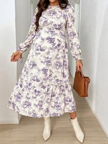 SHEIN 孕婦哺乳花卉印花時尚洋裝 - 紫色 - 查看 4