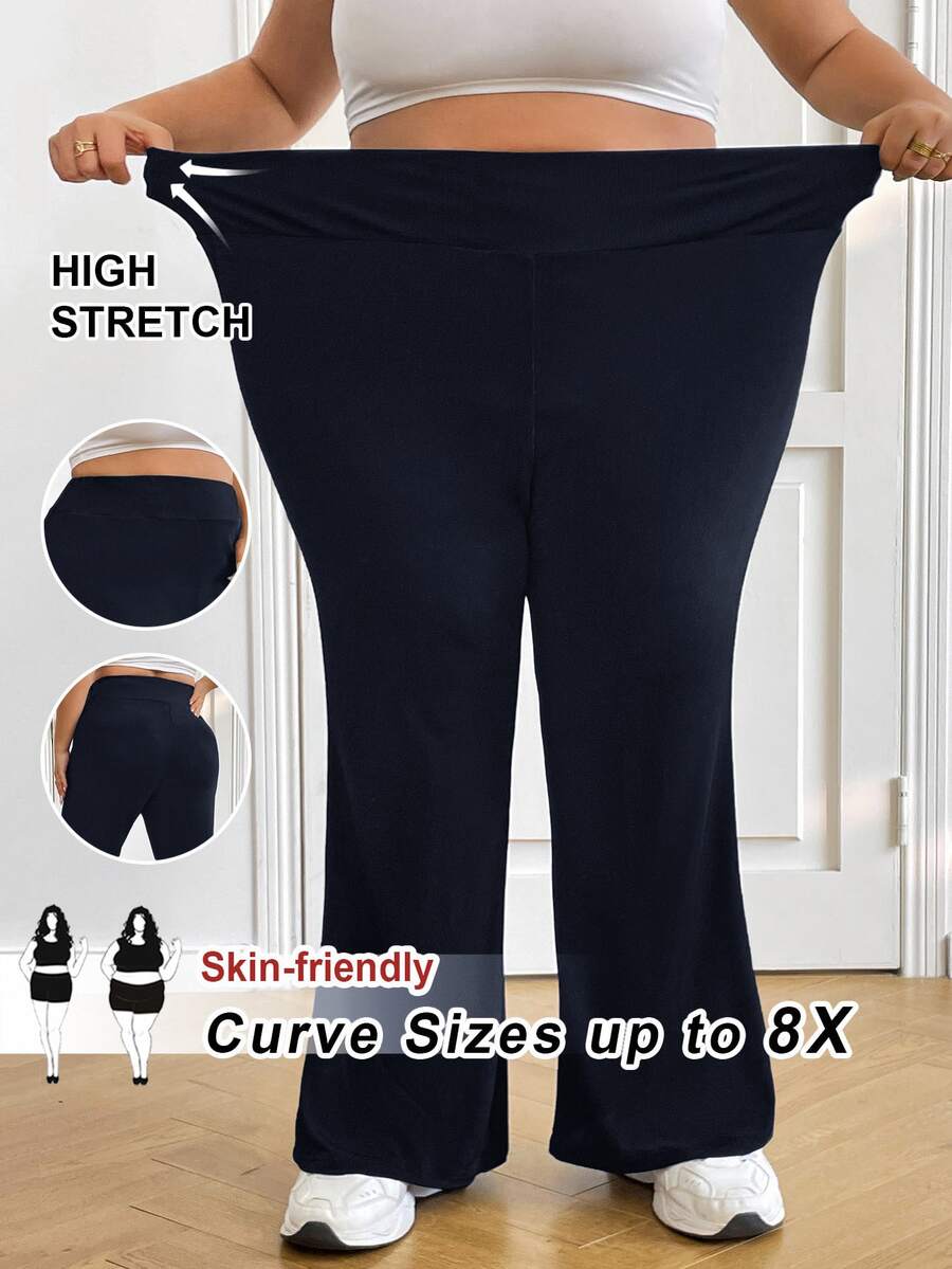 SHEIN CURVE+ 大尺碼女款高腰彈性休閒喇叭長褲,春秋涼爽喇叭長褲 - 藍色 - 查看 1