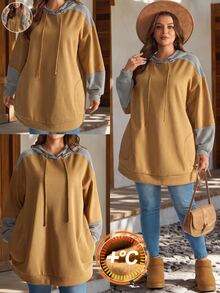 EMERY ROSE Plus Size Colorblock Waffle Knit Drawstring Hooded Long Sleeve Sweatshirt Casual Streetwear Fall Winter 2026 Holiday Beach - Multicolor - View 2