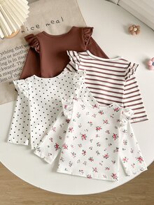 SHEIN Playful Pals 女嬰 0-3 歲 粉色 + 杏色配色 夏季純色與條紋針織短袖休閒日常或外出穿著 - 彩色 - 查看 2