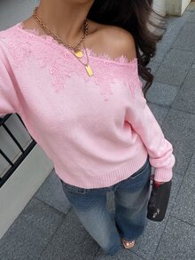 Siren Gaze Autumn New Asymmetrical Shoulder Lace Patchwork Sweater For Women Tea Party Date Light Pink Romantic Elegant - Baby Pink - View 3