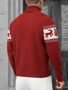 Manfinity CasualCool Men's Red Christmas Jacquard Turtleneck Sweater With Reindeer And Christmas Tree Pattern, Holiday Long Sleeve Knit Pullover, Old Money - Red - View 2
