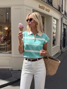 Serisse Casual Commute Colorblock Striped Knit Top - Mint Green - View 7
