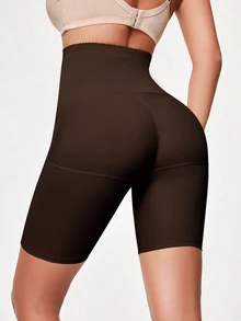 SHEIN 女款素色休閒日常塑形短褲 - 棕色 - 查看 5