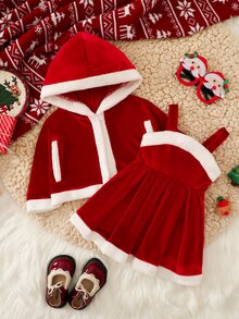 SHEIN Souflis 2pcs/Set Baby Girl Christmas Hooded Cape Shawl And Patchwork Plush Dress, Suitable For Autumn/Winter, Christmas Party Outfit - Red - View 1