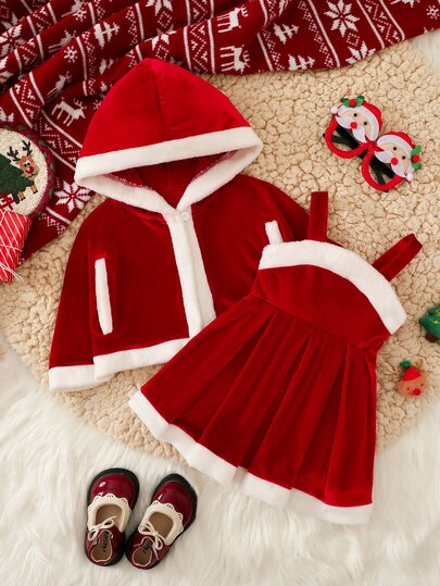 SHEIN Souflis 2pcs/Set Baby Girl Christmas Hooded Cape Shawl And Patchwork Plush Dress, Suitable For Autumn/Winter, Christmas Party Outfit
