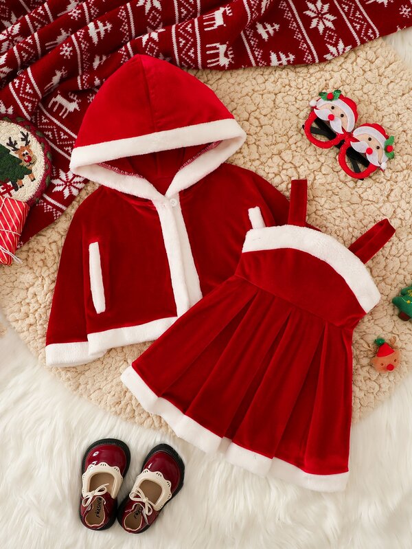 SHEIN Souflis 2pcs/Set Baby Girl Christmas Hooded Cape Shawl And Patchwork Plush Dress, Suitable For Autumn/Winter, Christmas Party Outfit