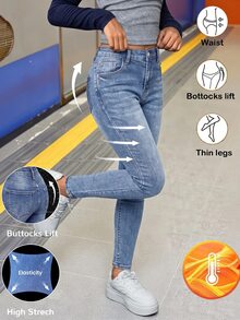 SHEIN 女童藍色丹寧抓絨內裡彈性緊身褲，秋季/冬季 - 藍色 - 查看 1