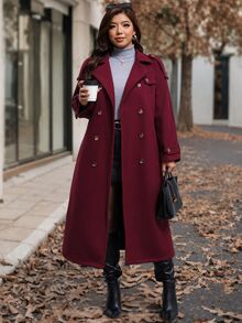 Reflora Mantel Kasual Musim Dingin Wanita Ukuran Besar Warna Polos Kancing Ganda Lengan Panjang dengan Saku - Burgundy - View 3
