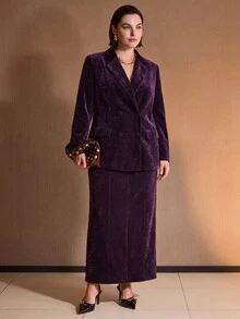 MOTF PREMIUM WOMEN'S PLUS SIZE AUTUMN/WINTER NOTCH LAPEL DOUBLE-BREASTED BLAZER - Purple - View 6