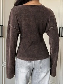 SHEIN EZwear 女款素色休閒日常長袖T恤 - 棕色 - 查看 2