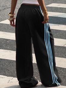 Muchica 女款休閒條紋拼色寬鬆街頭風運動長褲 - 藍色 - 查看 2