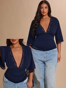 SHEIN BAE CURVE 大尺碼女款純色對比蕾絲深V領3/4袖性感上衣 - 藏蓝色 - 查看 4