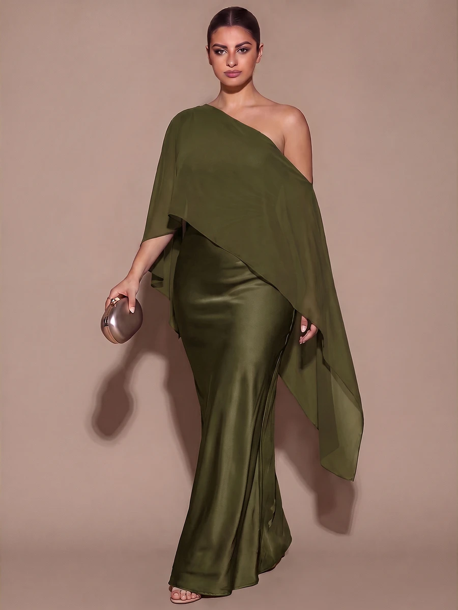 SHEIN BAE CURVE 大尺碼女款優雅長版不對稱單肩洋裝 - 軍綠色 - 查看 1