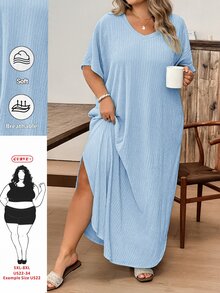 SHEIN CURVE+ 大尺碼女款純色V領蝙蝠袖口袋休閒T恤洋裝 - 淺藍色 - 查看 8