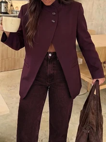 Lavishia Women's Elegant Asymmetric Burgundy Red New Style Summer/ Commuter Fashion High Neck Button Decor Blazer,Casual Blazer Outfits Office Business - Red Violet - View 5