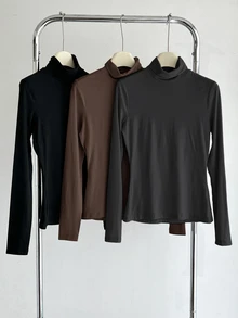 SHEIN BASICS 3件裝純色針織高領修身長袖女款基礎層T恤 - 彩色 - 查看 1