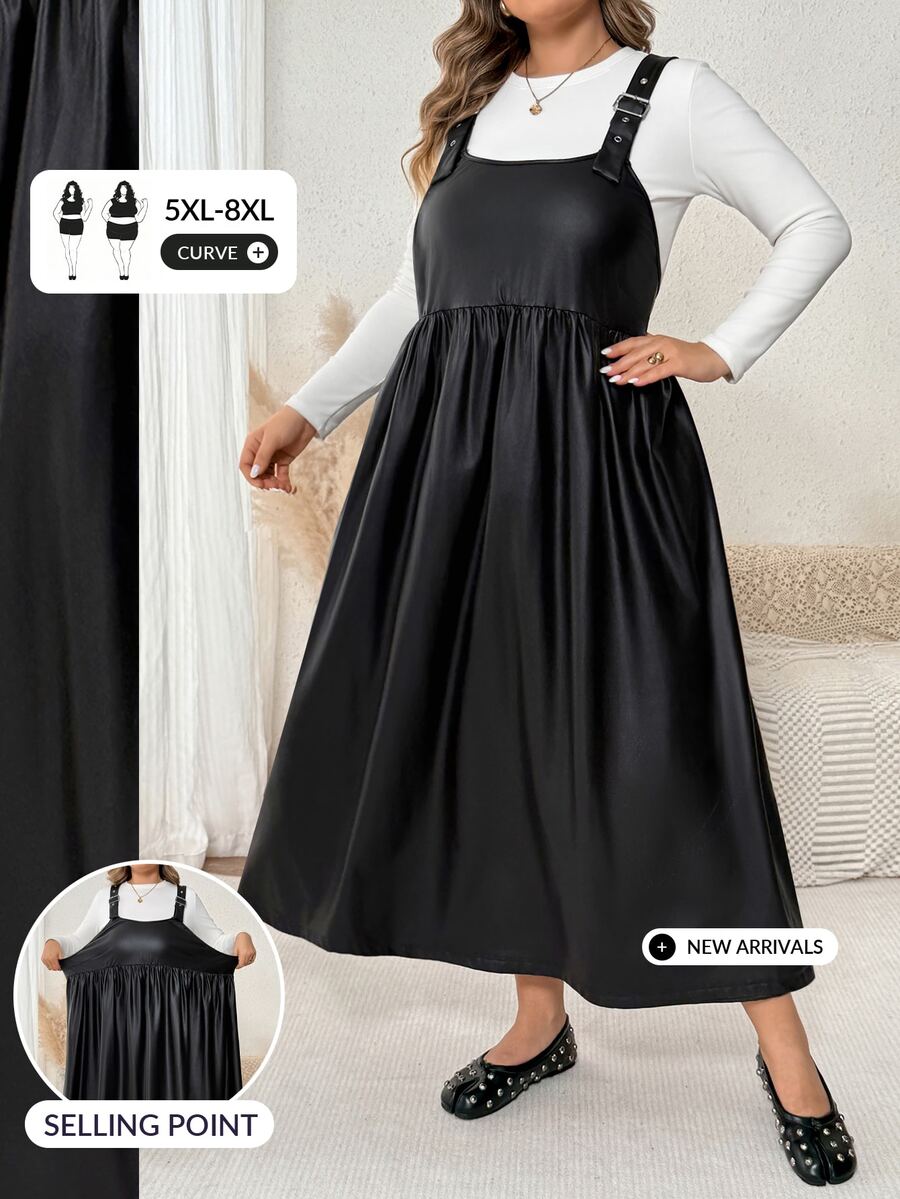 SHEIN CURVE+ Plus Size Summer Casual Solid Color Spaghetti Strap Dress - Black - View 1