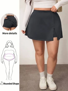Enliva 大尺碼女款純色基本款黑色A字休閒短裙，適合圓潤身型曲線，冬季穿著，適配蘋果圓潤體型 - 深灰色 - 查看 1