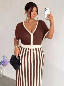 Firerie Plus Size Vintage Vacation Drawstring Tie Contrast Color Knit Dress - Coffee Brown - View 5