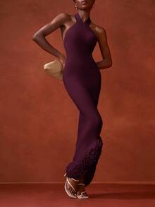 Zivah Women's Solid Color Fitted Elegant Halter Neck Knit Dress - Purple - View 7