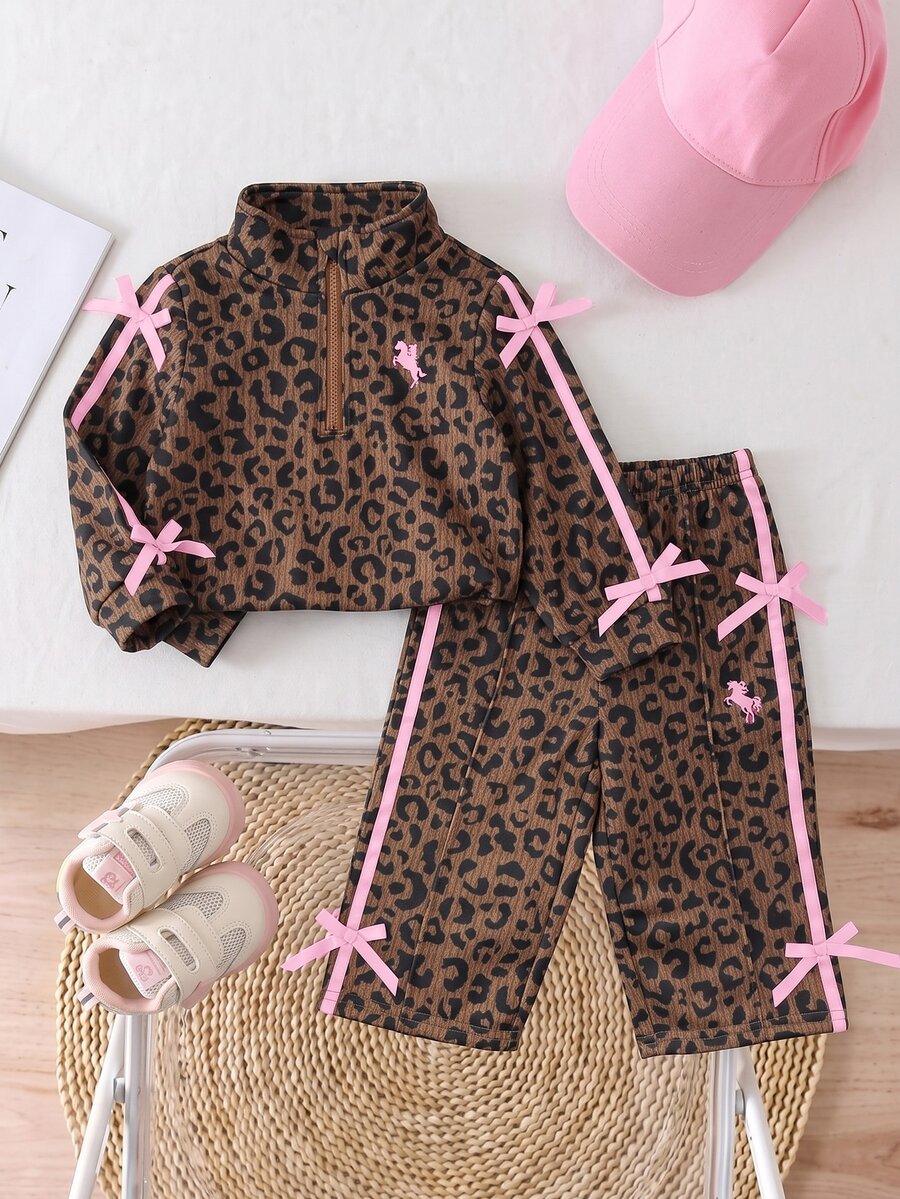 SHEIN Baby Girl Leopard Print Bow Decor Sweatshirt & Elastic Waist Long Pants Set - Brown - View 1