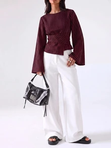 LYSMO Women's Striped Waist-Cinching Fashion Long Sleeve Business Shirt - Burgundy - View 5