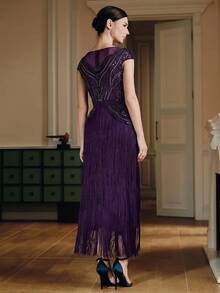 Anewsta Women's Best-Selling Bohemian Style High-End Banquet Patchwork Tassel Beaded Dress - Purple - View 2