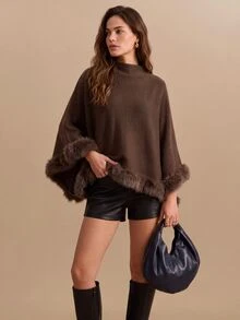 CielaLinda Autumn/Winter Elegant Fluffy Patchwork Cape Knit Sweater - Brown - View 6