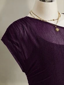 SHEIN ICON Plus Size Solid Color Asymmetrical Collar T-Shirt, Summer - Purple - View 9