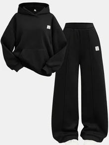 SHEIN Girlism 2件組青少年女孩純黑色冬季休閒度假返校復古寬鬆圖案連帽衛衣與運動長褲保暖運動套裝 - 黑色 - 查看 3
