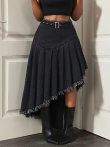 Slaydiva Women's Frayed Hem Casual Daily Denim Skirt - Black - View 8