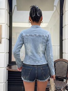Muchica Women's Fashion Versatile Button & Zipper Long Sleeve Denim Jacket - Medium Wash - View 2