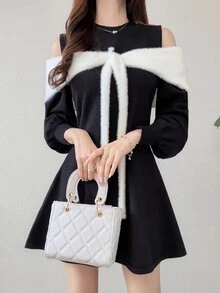 FRIFUL Gaun Rajut Elegan Lengan Panjang Model Colorblock untuk Wanita, Cocok untuk Musim Gugur. - Hitam - View 1