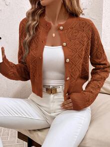 SHEIN Clasi Women's Vintage Vacation Short Hollow Knit Cardigan - Orange - View 1