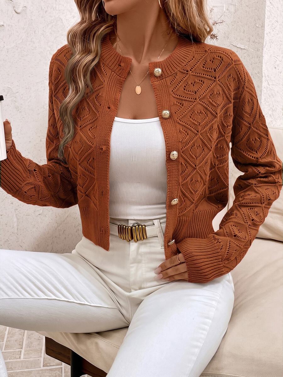 SHEIN Clasi Women's Vintage Vacation Short Hollow Knit Cardigan - Orange - View 1