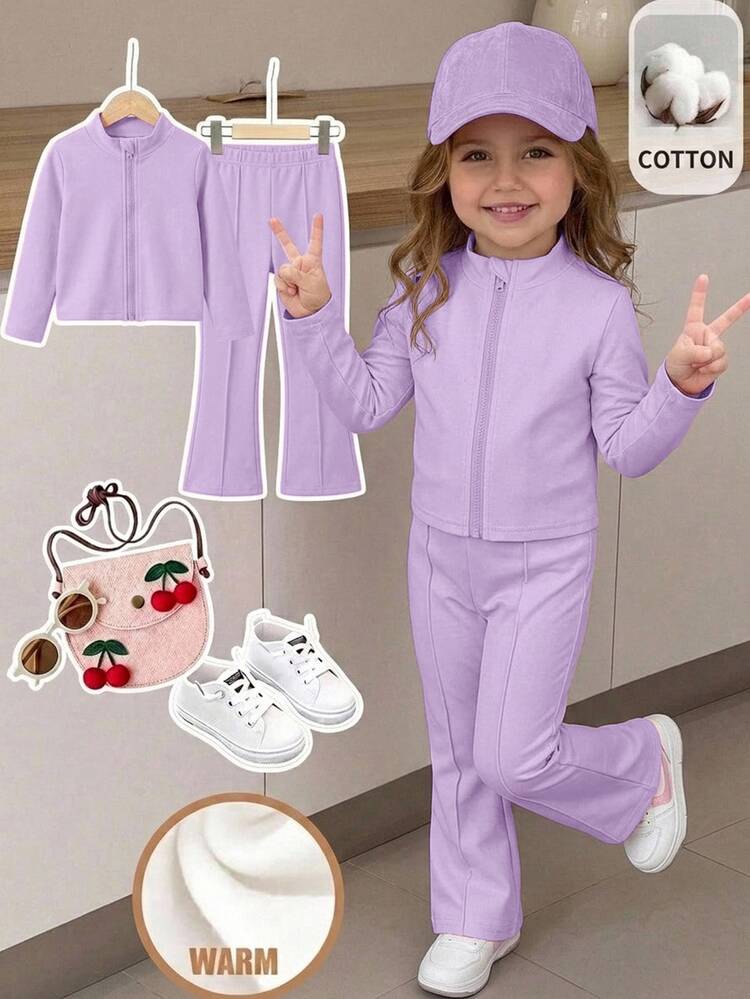 SHEIN Kids Young Girl Solid Color Zipper Long Sleeve Top And Flared Pants Casual Daily Set - Purple - View 2