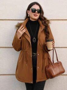 EMERY ROSE Mantel Musim Dingin Ukuran Besar Bergaya Modis dengan Kancing, Tali Serut, dan Bantalan, Cocok untuk Liburan, Jalan-jalan, Warna Cokelat Kasual Longgar - Coklat - View 1