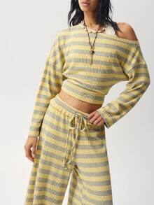 Bohemela Women's Striped Colorblock Asymmetric Shoulder Long Sleeve Top And Drawstring Waist Pants 2 Pieces Set - Yellow - View 3
