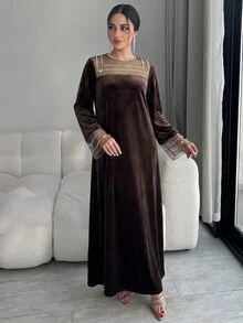 Yasmyna Gaun Pesta Kasual Wanita dengan Motif Jala dan Patchwork - Coklat - View 6